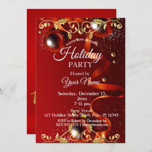 Red and Gold Ornament Party Christmas Invitation