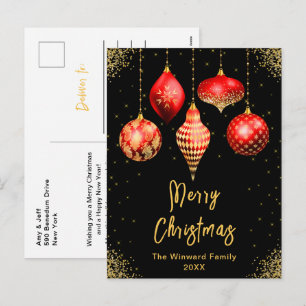 Red and Gold Ornaments Merry Christmas Holiday Postcard