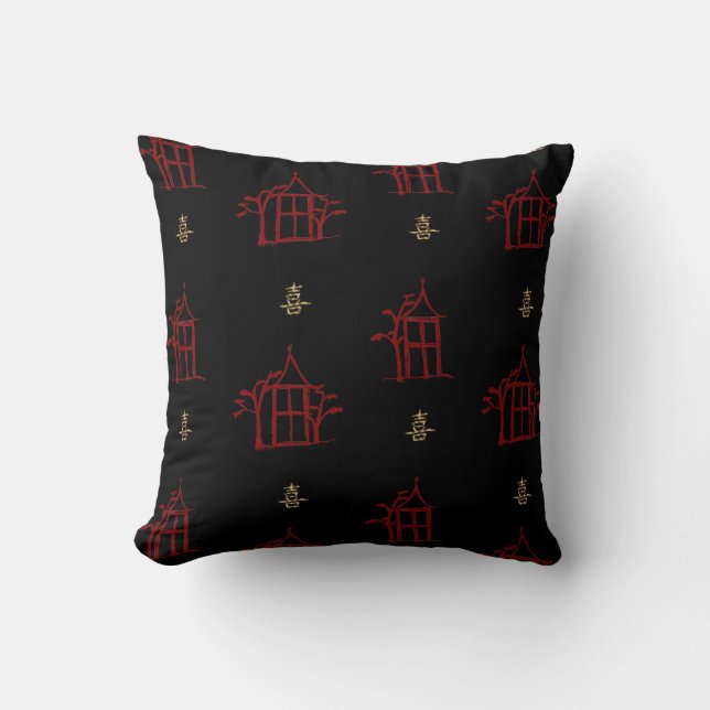 Red and Gold Pagodas Chinoiserie Throw Pillow (Front)
