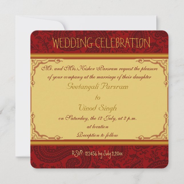 Red and gold paisley hindu wedding invitation (Front)