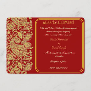 Red and gold paisley Hindu wedding Invitation