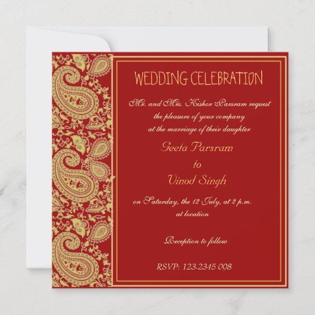 Red and gold paisley Hindu wedding Invitation (Front)