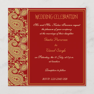 Red and gold paisley Hindu wedding Invitation