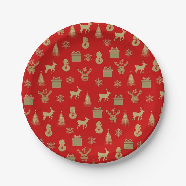 Red and gold pattern christmas paper plate (Front)