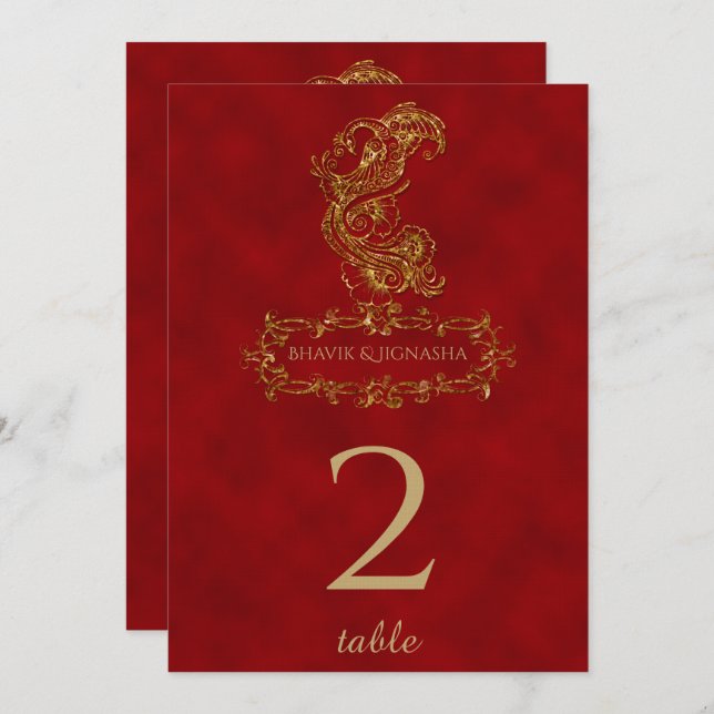 Red and Gold Peacock Indian Table Number (Front/Back)
