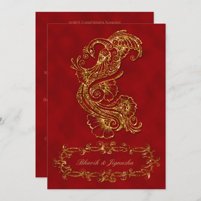 Red and Gold Peacock Indian Wedding Invitation (Front/Back)