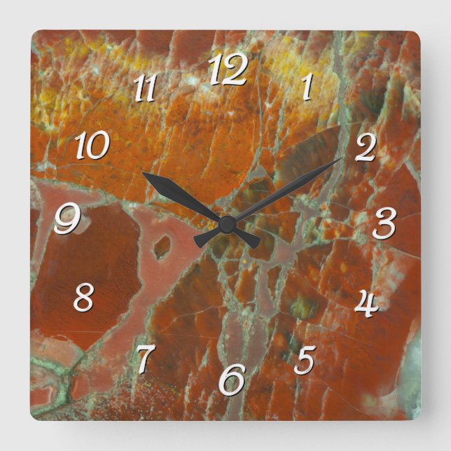 Red and Gold Pertrified Wood Square Wall Clock (Front)