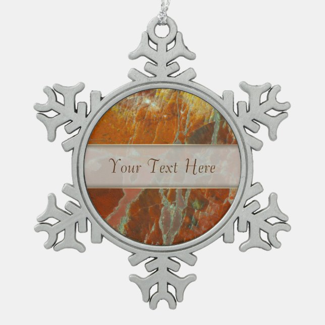 Red and Gold Petrified Wood Snowflake Pewter Christmas Ornament (Front)