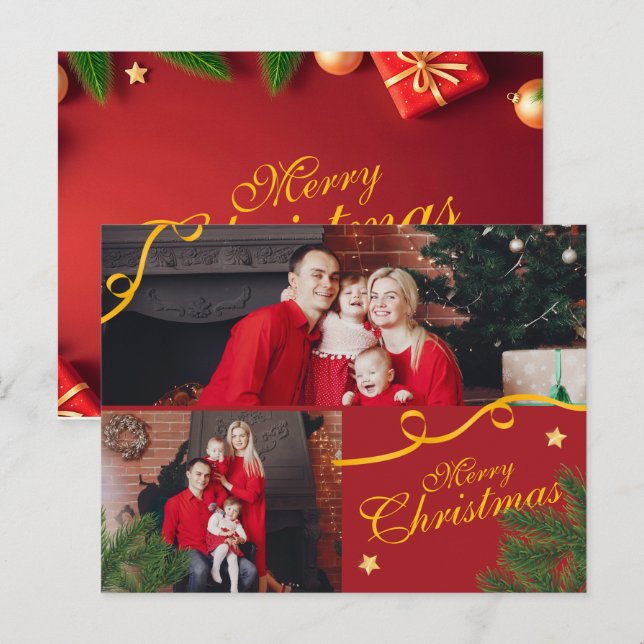Red and Gold Photo Family Merry Christmas Happy Holiday Postcard (Front/Back)