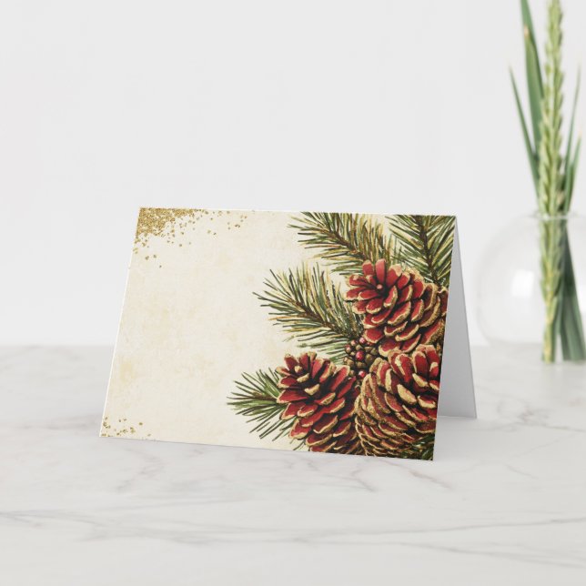 Red and Gold Pine Boughs with Pine Cones Card (Front)