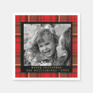 Red and Gold Plaid Family Photo Christmas  Napkin