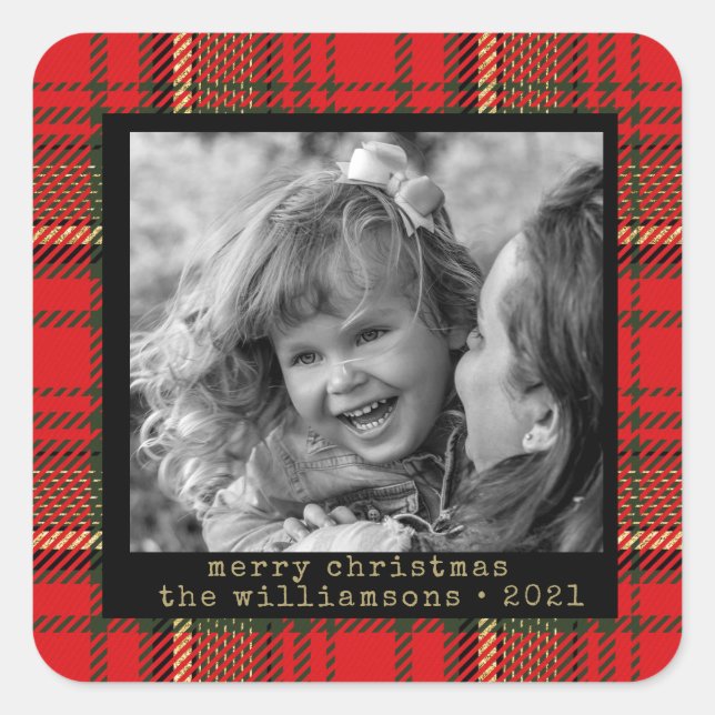 Red and Gold Plaid Family Photo Christmas Sticker  (Front)