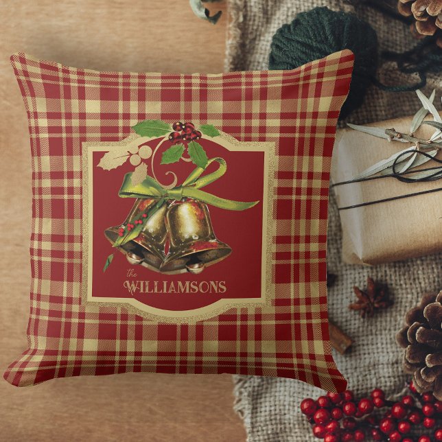 Red And Gold Plaid Merry Christmas Couch Cushion (Christmas pillows, Personalized Christmas throw pillows for holiday decor)