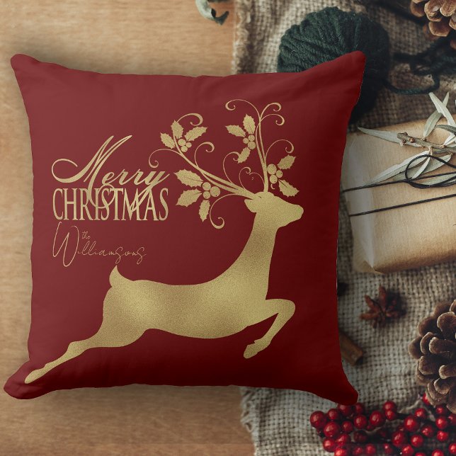 Red And Gold Plaid Merry Christmas Couch Cushion (Cristmas pillows, retro Christmas personalized throw pillows holiday decor for living room)