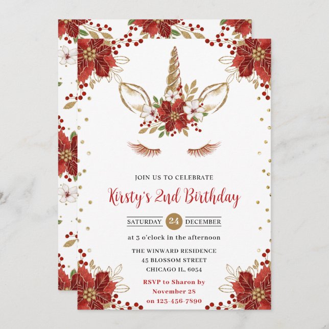 Red and Gold Poinsettia Unicorn Face Birthday Invitation (Front/Back)