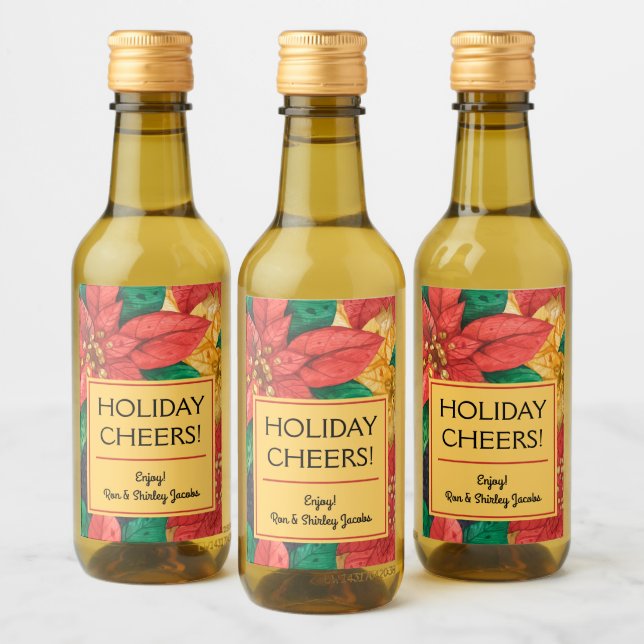 Red and Gold Poinsettias Christmas Floral Mini Wine Label (Bottles)