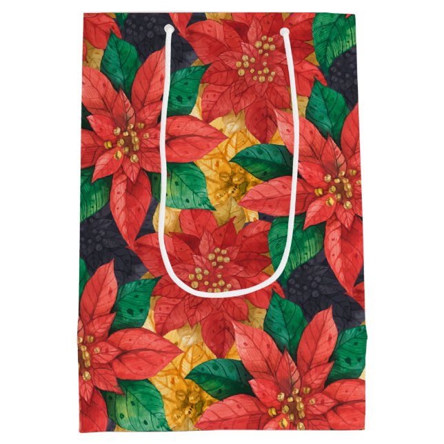 Red and Gold Poinsettias Christmas Medium Gift Bag (Back)