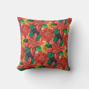 Red and Gold Poinsettias Holiday Christmas Cushion