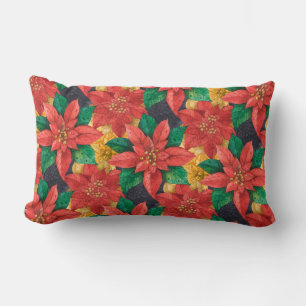 Red and Gold Poinsettias Holiday Christmas Lumbar Cushion