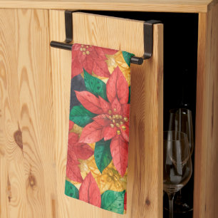 Red and Gold Poinsettias Holiday Christmas Tea Towel