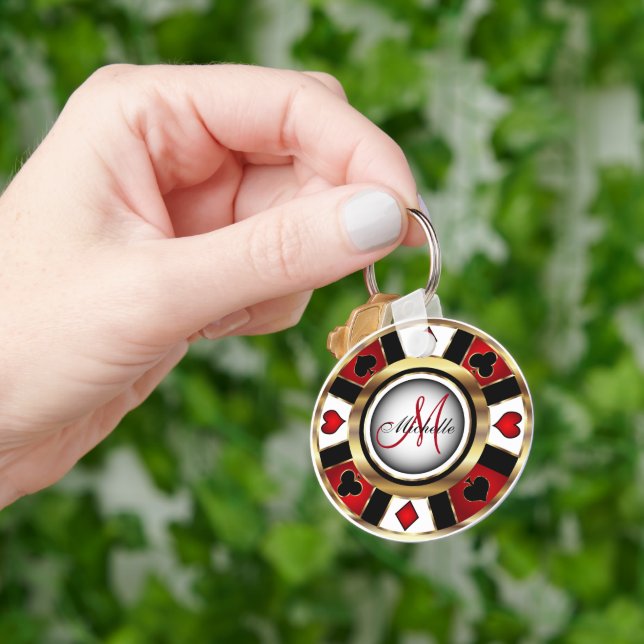 Red and Gold Poker Chip Design - Monogram Key Ring (Hand)