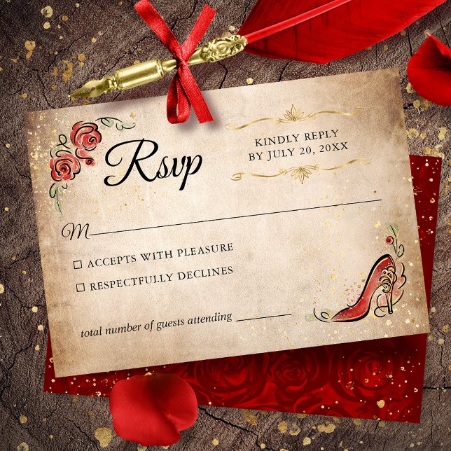 Red and Gold Princess Elegant Wedding RSVP Card (Red and gold RSVP cards to give your once upon a time celebration an elegant touch.)