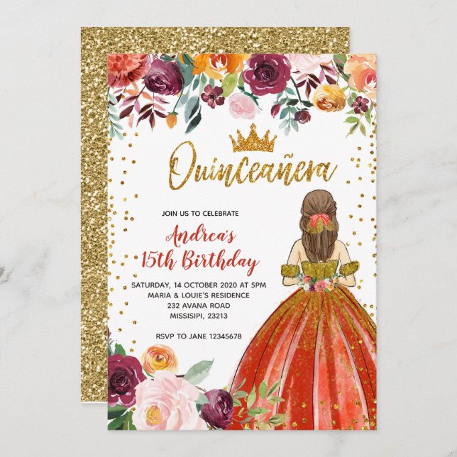 Red and Gold Princess Floral Quinceañera Birthday Invitation (Front/Back)