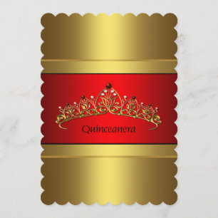 Red and Gold Quinceanera Gold Tiara Birthday Invitation