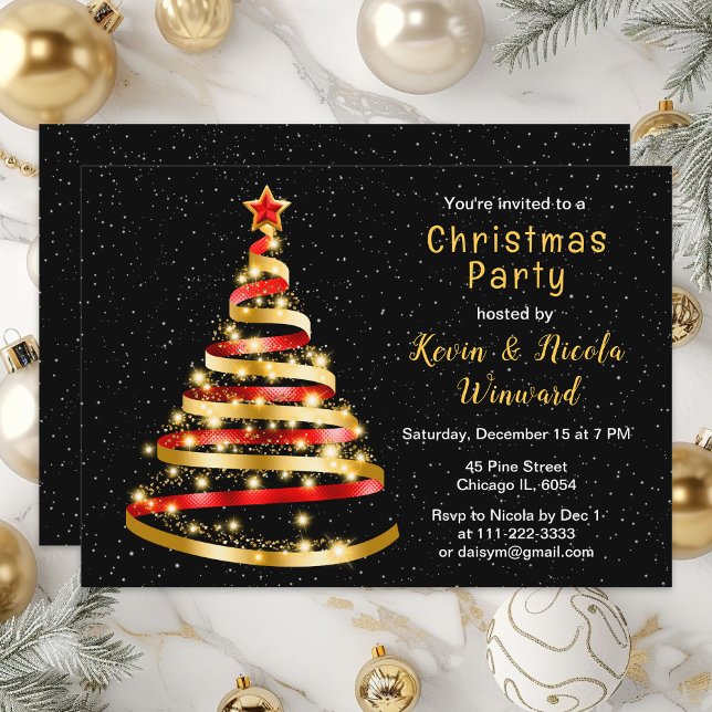 Red and Gold Ribbon Tree Christmas Party Invitation (Creator Uploaded)
