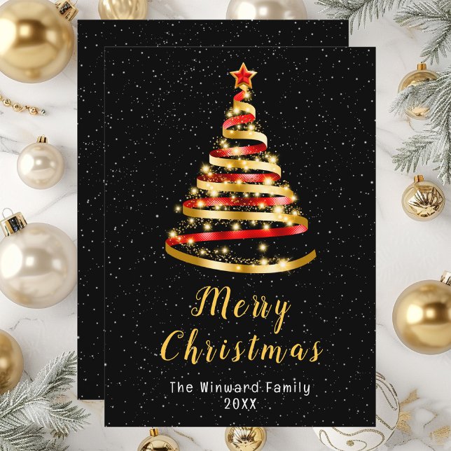 Red and Gold Ribbon Tree Merry Christmas Holiday Card (Creator Uploaded)