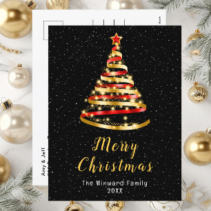 Red and Gold Ribbon Tree Merry Christmas Holiday Postcard
