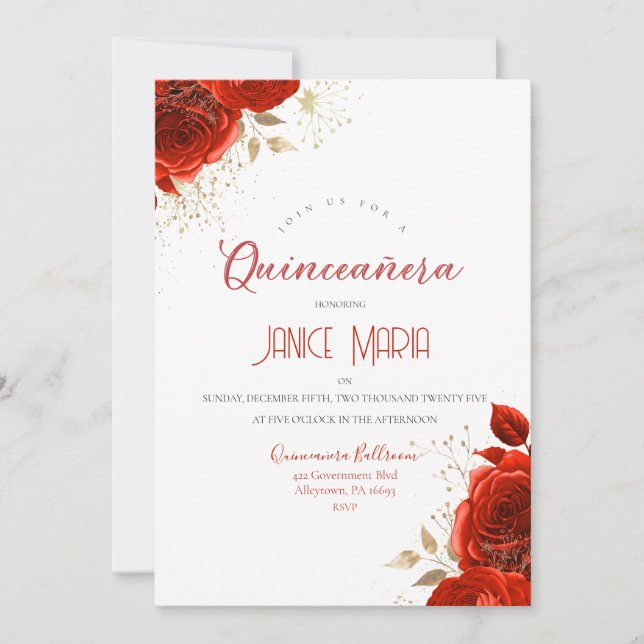 Red and Gold Rose Quinceañera Invitation (Front)