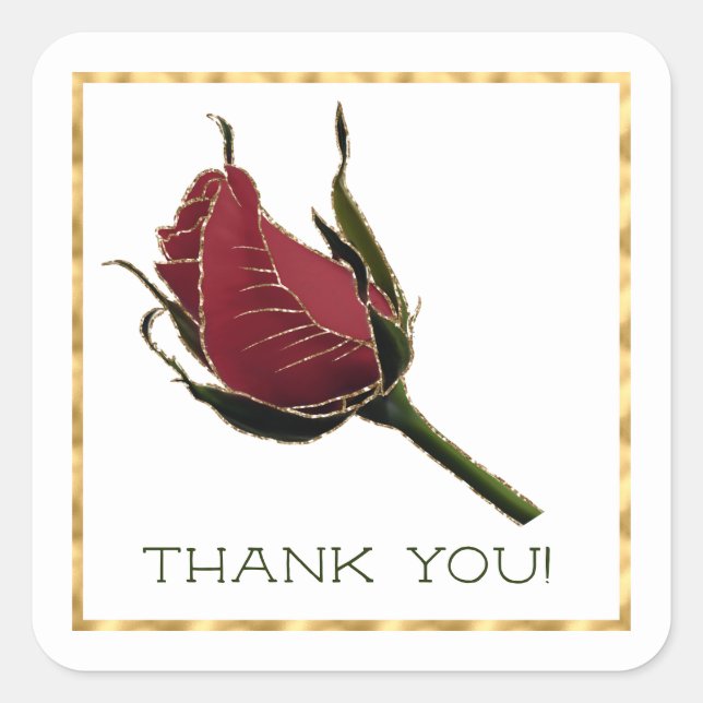 Red and Gold Rose Thank You Square Sticker (Front)