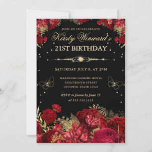 Red and Gold Roses Border Floral 21st Birthday Invitation