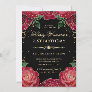 Red and Gold Roses Floral 21st Birthday Invitation