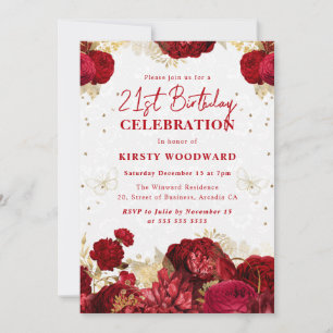 Red and Gold Roses Floral 21st Birthday Invitation