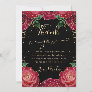 Red and Gold Roses Floral Birthday Thank You Card
