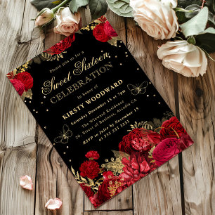 Red and Gold Roses Floral Sweet Sixteen Invitat Invitation