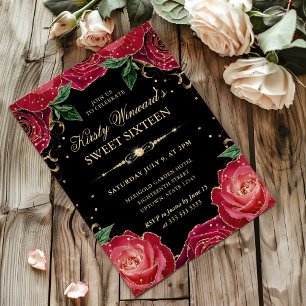 Red and Gold Roses Floral Sweet Sixteen Invitation