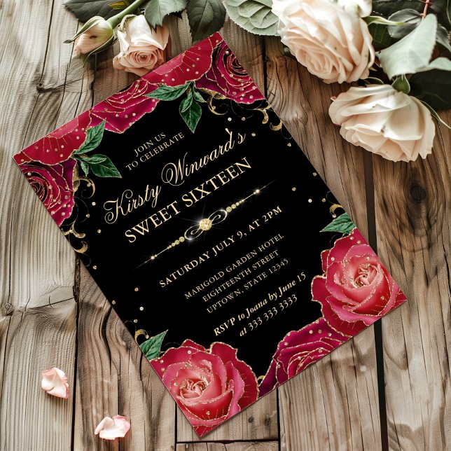 Red and Gold Roses Floral Sweet Sixteen Invitation (Creator Uploaded)