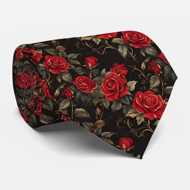 Red and Gold Roses On Black Tie (Rolled)