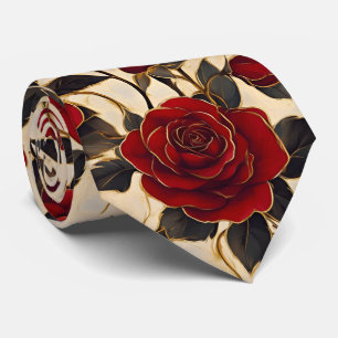 Red and Gold Roses On Creamy Background Tie