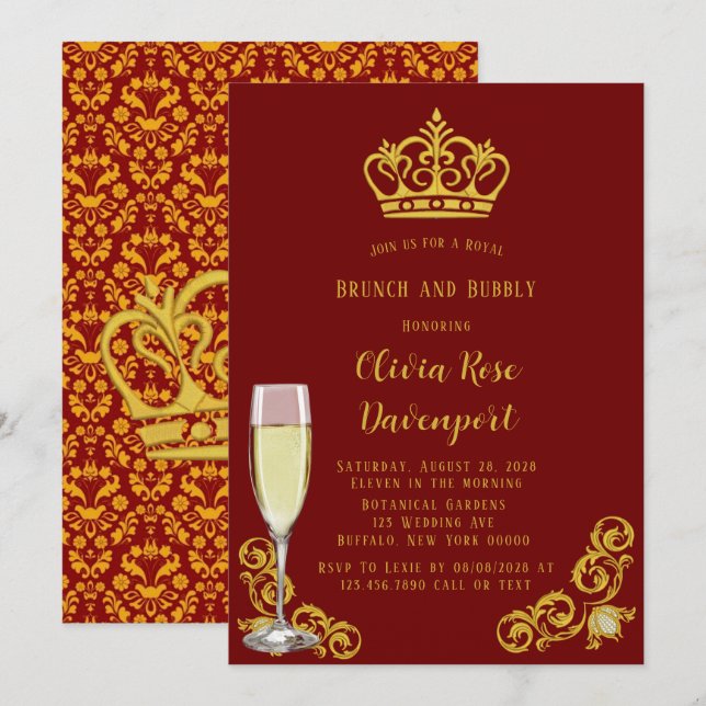 Red and Gold Royal Crown Brunch and Bubbly Invitation (Front/Back)