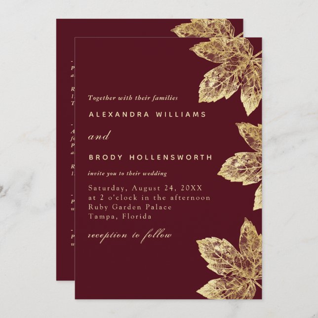  Red And Gold Rustic Foil Leaf All In One Wedding  Invitation (Front/Back)