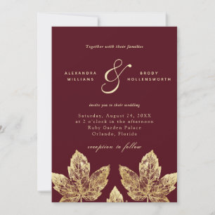 Red and Gold Rustic Gold Foil Leaves Wedding  Invitation