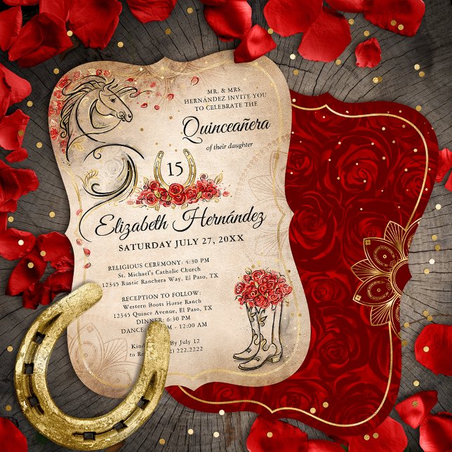 Red and Gold Rustic Ranchera Mexican Quinceanera Invitation (Creator Uploaded)