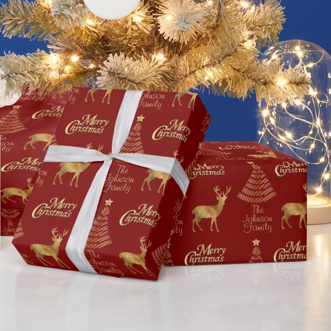 Red and Gold Scribble Christmas Tree / Deer Wrapping Paper (Holidays)