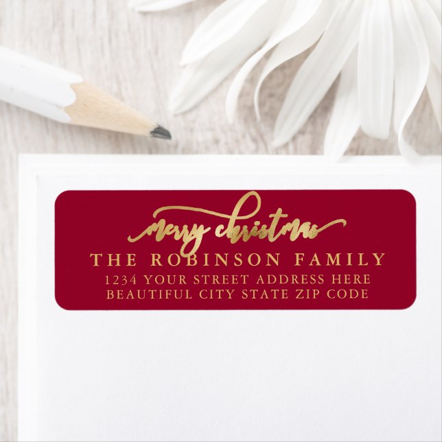 Red and Gold Script Christmas Return Address Label (Insitu)