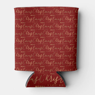 Red and Gold Script Merry Christmas Happy New Year Can Cooler