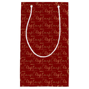 Red and Gold Script Merry Christmas Happy New Year Small Gift Bag
